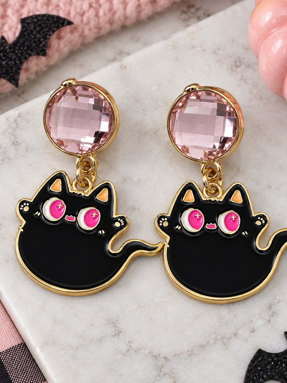 Black Cat Ghost Earrings Pink Crystal Gold Tone Spooky Halloween Dangle - Picture 2 of 4